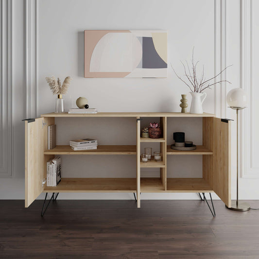 Clara modernne kummut metalljalgadega – 3 uksega hoiukapp sisemiste riiulitega, laius 142 cm