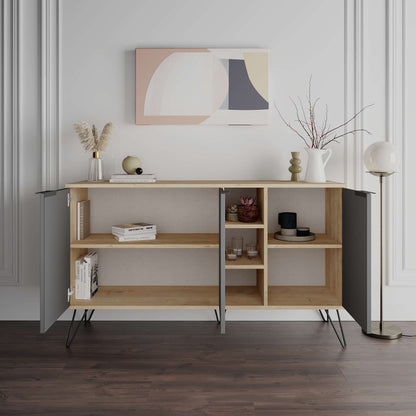 Clara modernne kummut metalljalgadega – 3 uksega hoiukapp sisemiste riiulitega, laius 142 cm