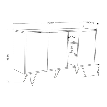 Clara modernne kummut metalljalgadega – 3 uksega hoiukapp sisemiste riiulitega, laius 142 cm