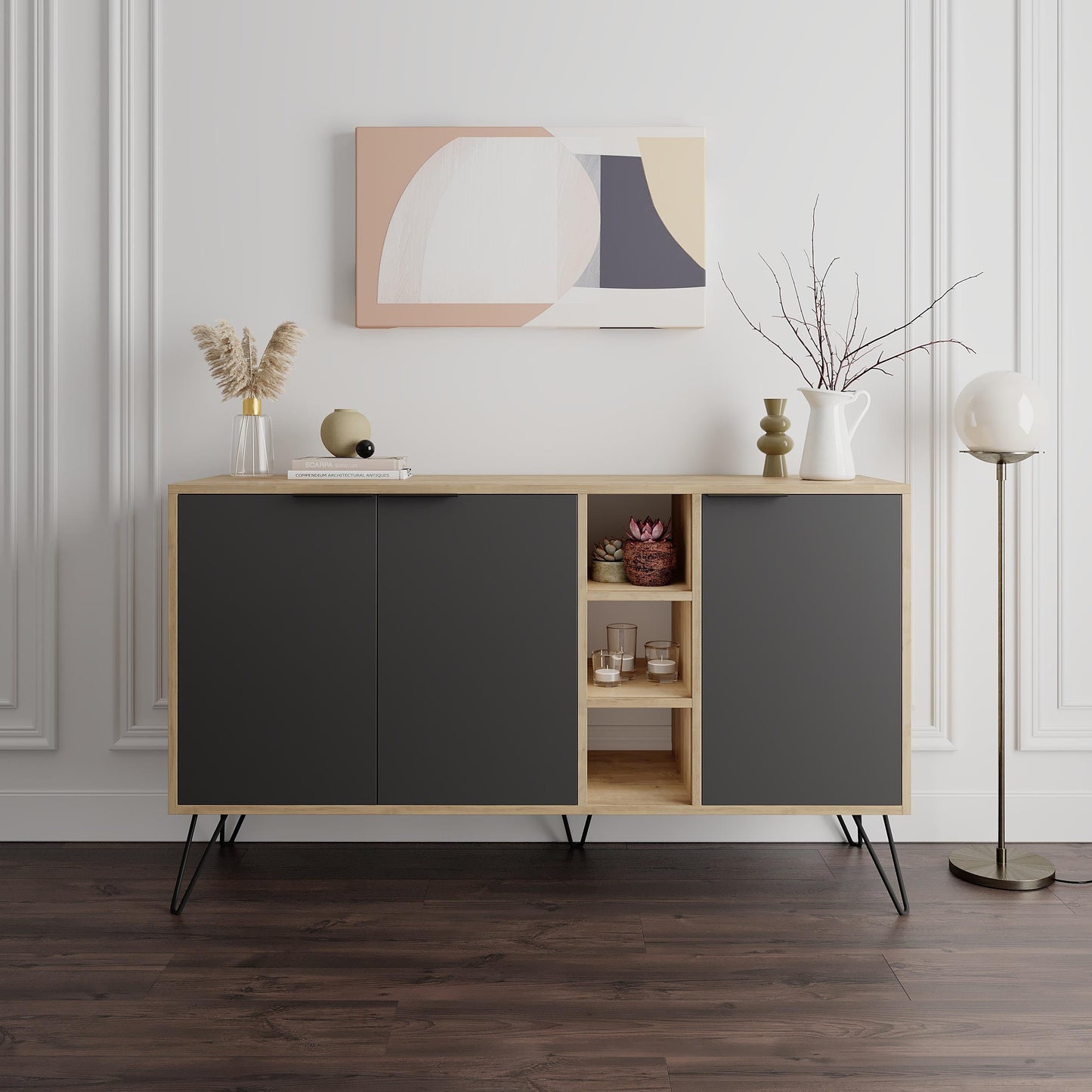Clara modernne kummut metalljalgadega – 3 uksega hoiukapp sisemiste riiulitega, laius 142 cm