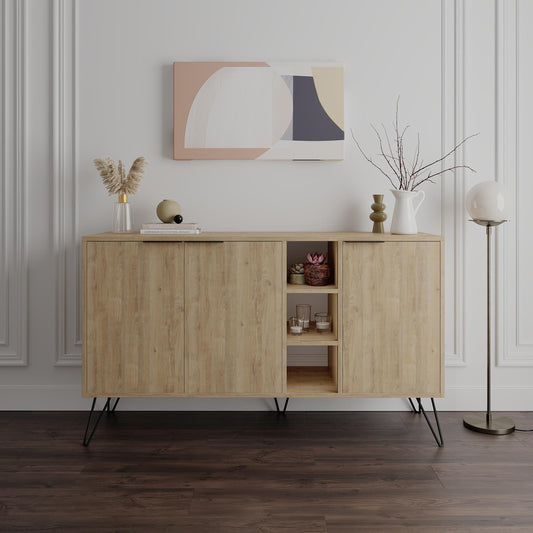 Clara modernne kummut metalljalgadega – 3 uksega hoiukapp sisemiste riiulitega, laius 142 cm