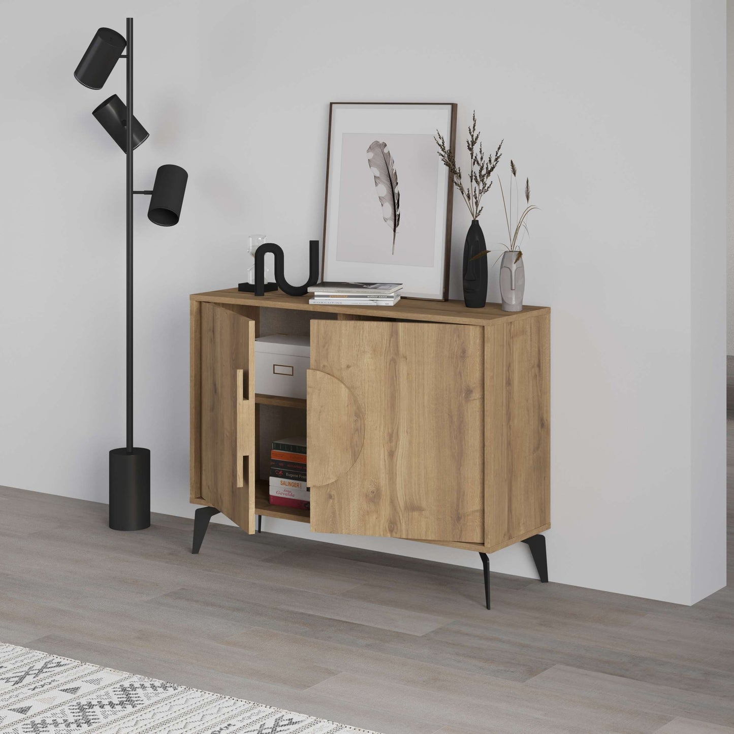 Gora modern puhvetkapp – metalljalgade ja kahe uksega hoiukapp, 110 cm