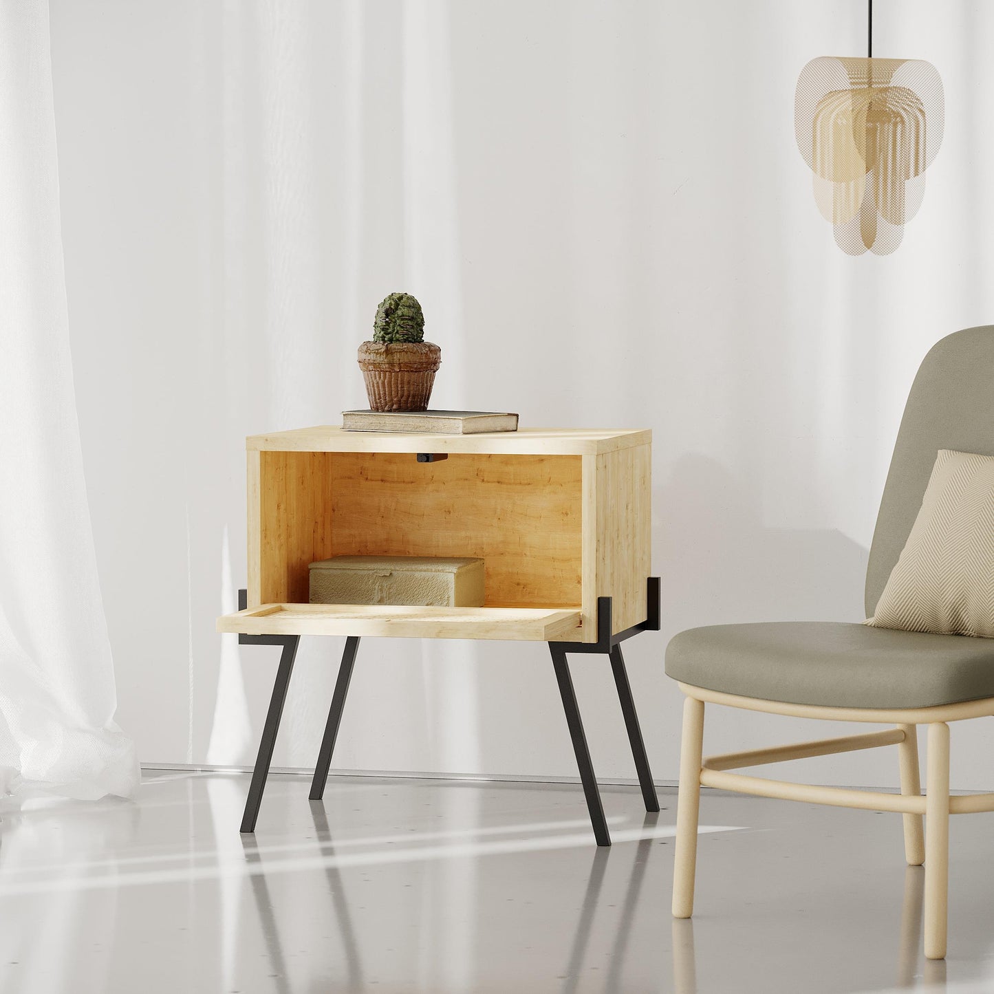 Naive öökapp – kaasaegne voodilaud hoiukapiga, 48 cm lai