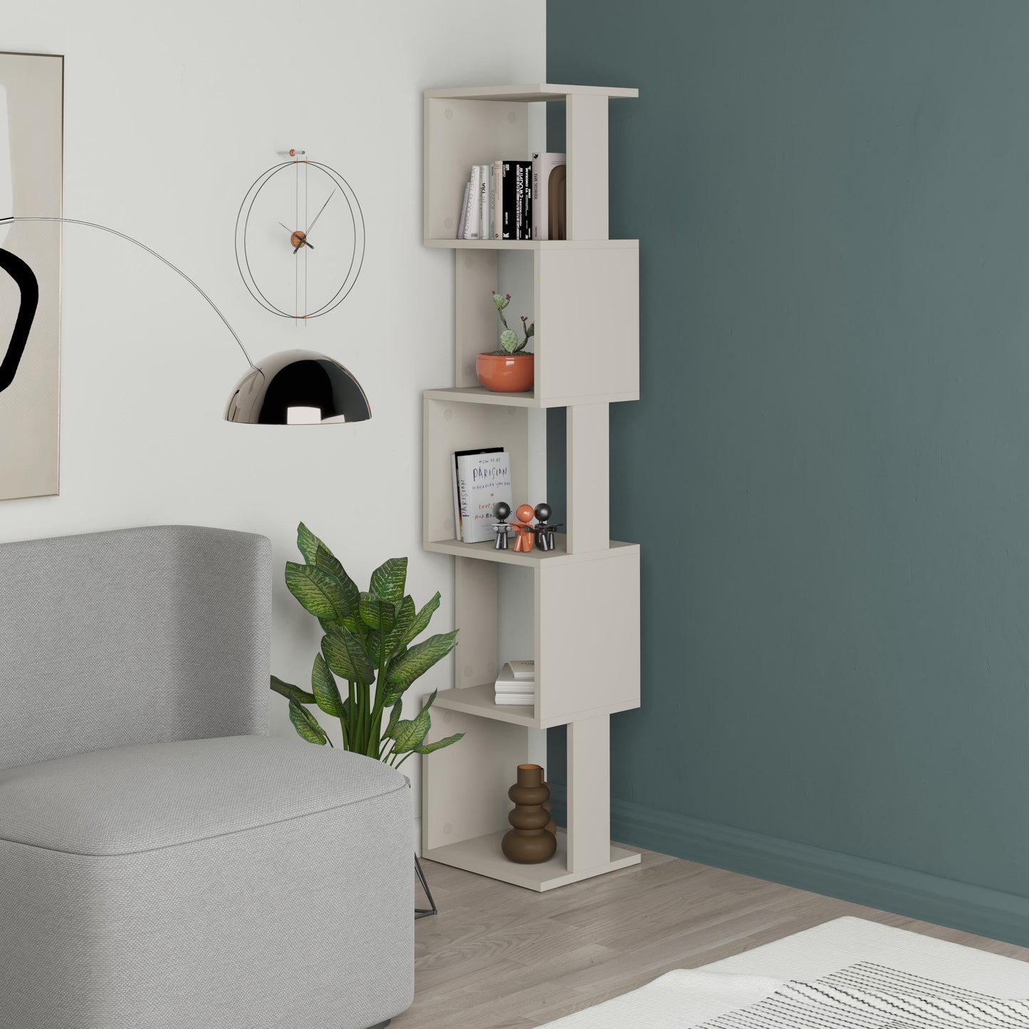 Piri kõrge iseseisev raamaturiiul, 5-astmeline modernne riiul, valge, 161 cm