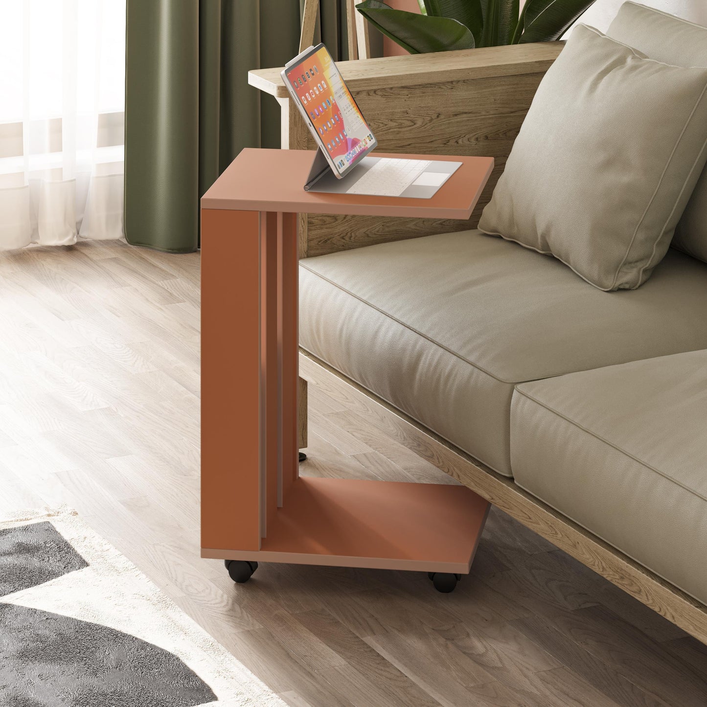 Edi Modern C-kujuline Abilaud Ratastega –  Mitmeotstarbeline Diivanilaud, 60 cm Kõrgus
