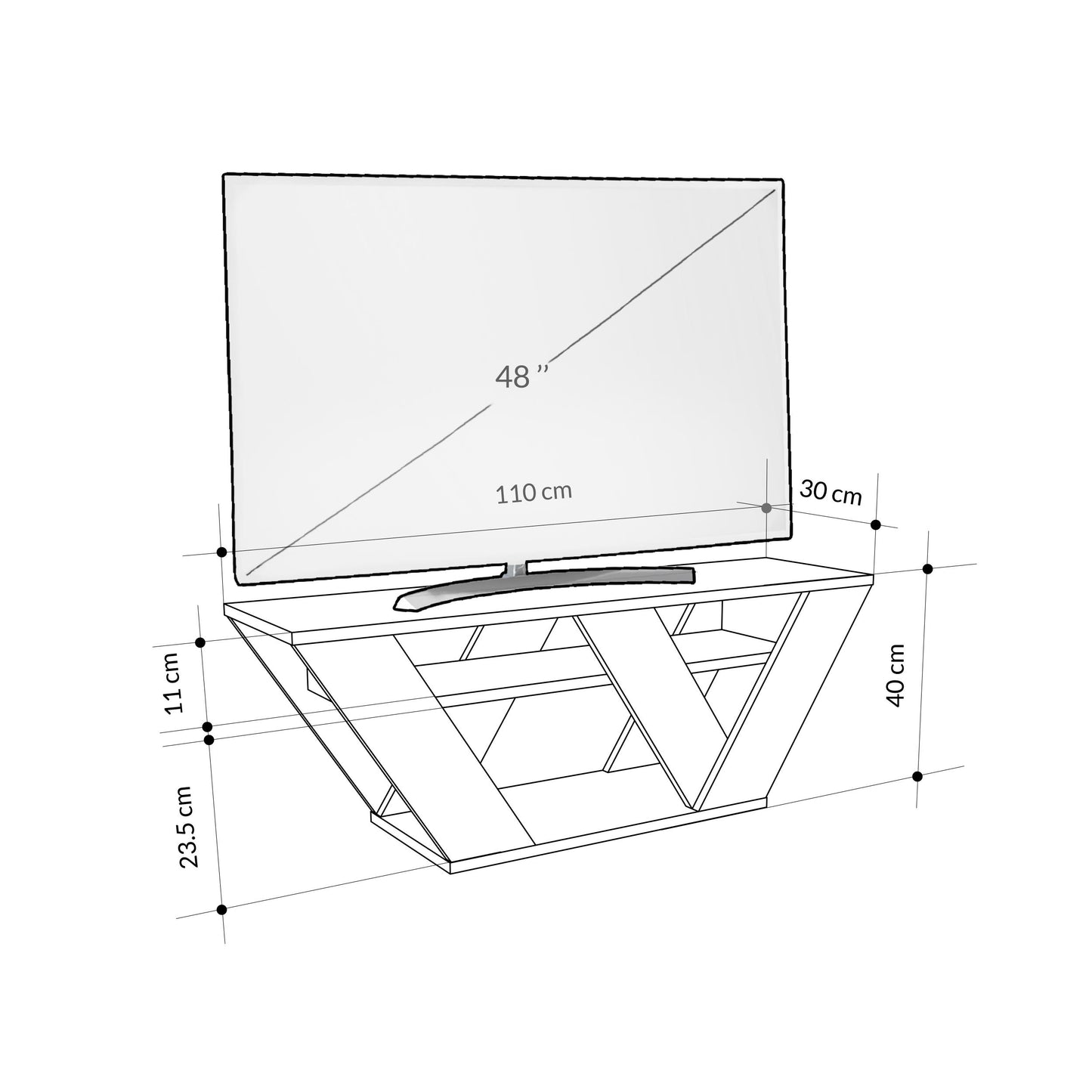 Pipralla modernne TV-alus riiulitega kuni 43" teleritele, 110 cm