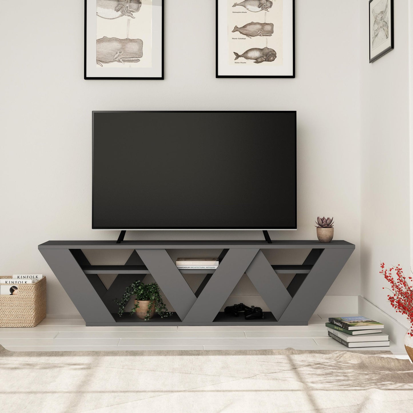 Ralla modernne TV-alus riiulitega kuni 65" teleritele, 158 cm, antratsiithall