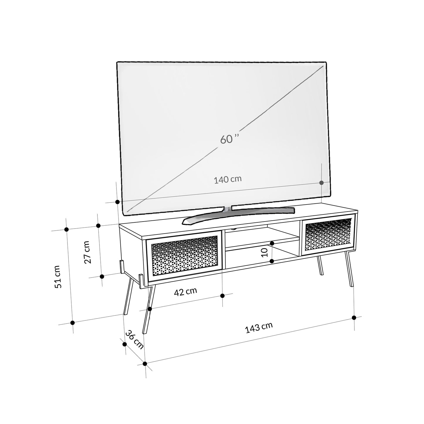 Naive modernne TV-alus hoiukappidega – kuni 55" teleritele, laius 140 cm